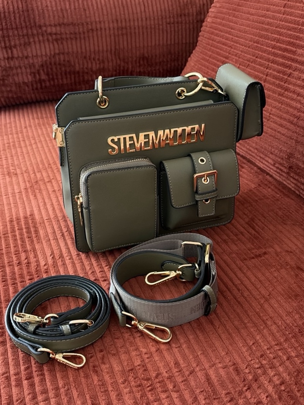 Steve Madden Olive Green Structured Crossbody with Gold Logo
